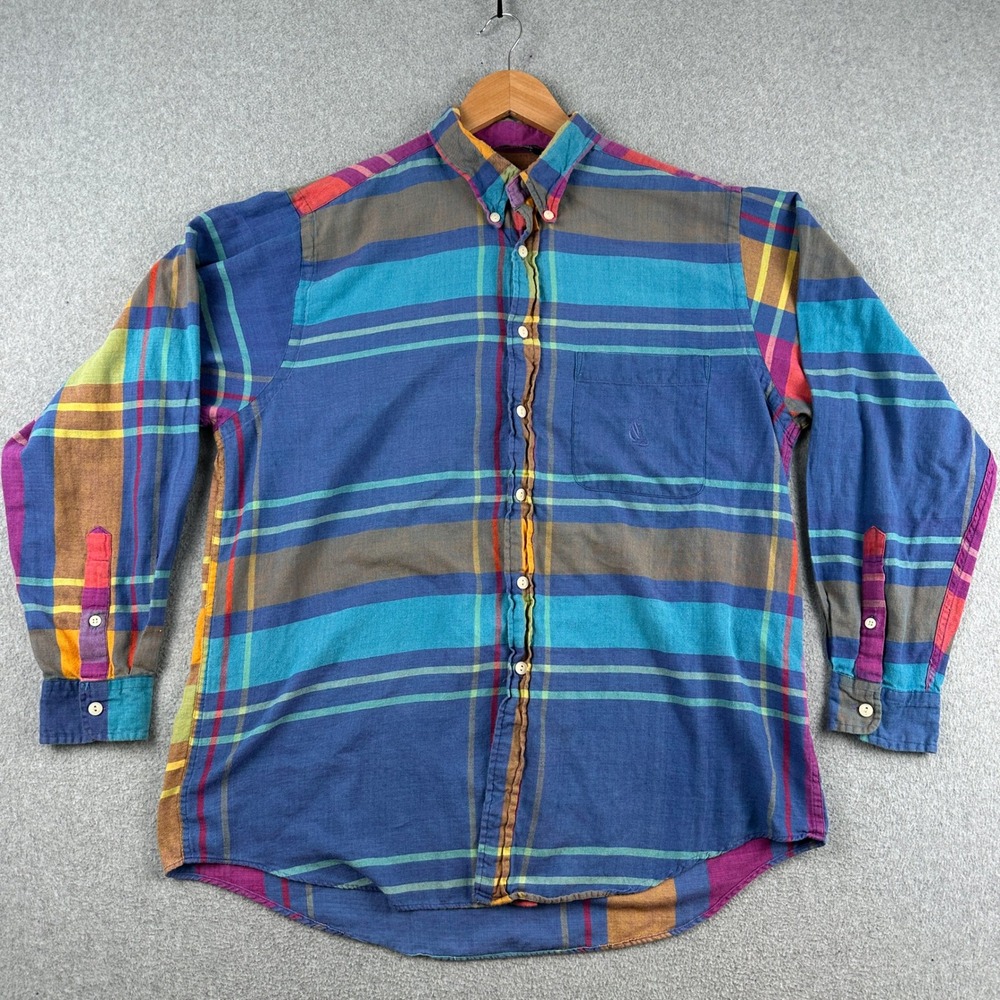 Nautica Button Down Shirt Mens L Blue Plaid Long Sleeve Cotton Casual Pocket